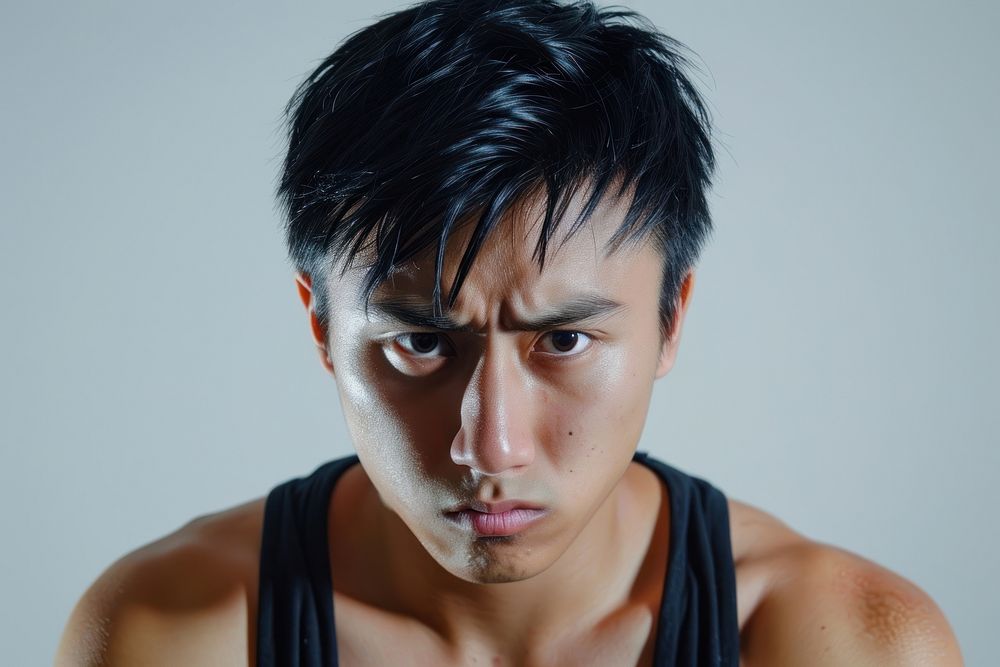 Asian men angry face portrait photography barechested.