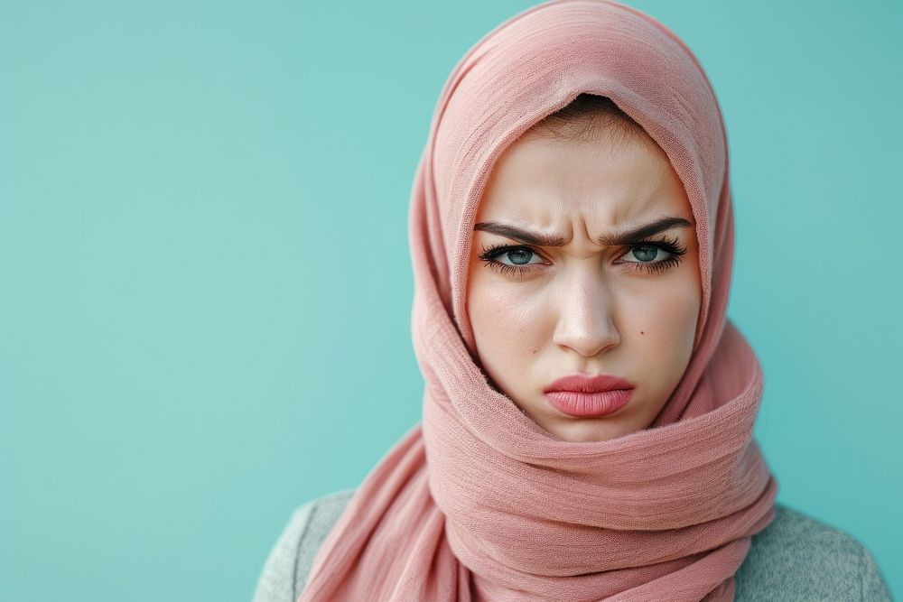 Arab woman angry face portrait adult scarf.