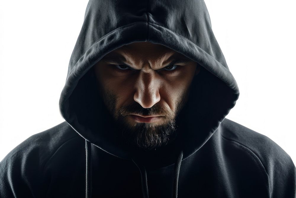Hacker with hoodie angry face portrait photography sweatshirt.