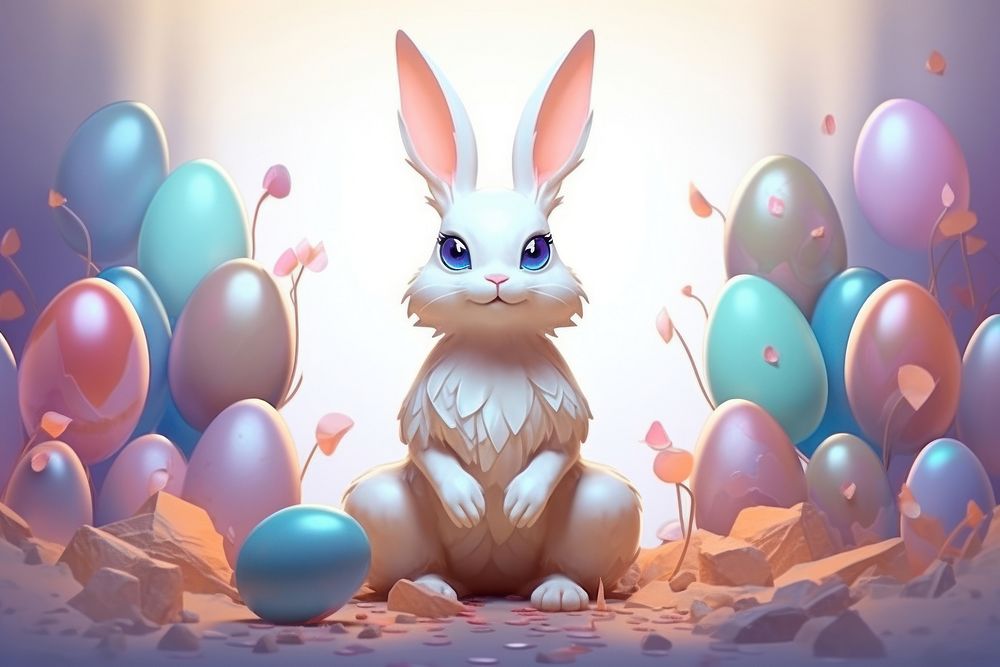 Rabbit with eggs representation celebration creativity.