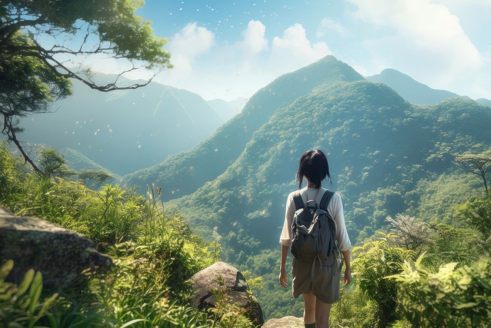 Chinese woman hiking backpacking adventure.