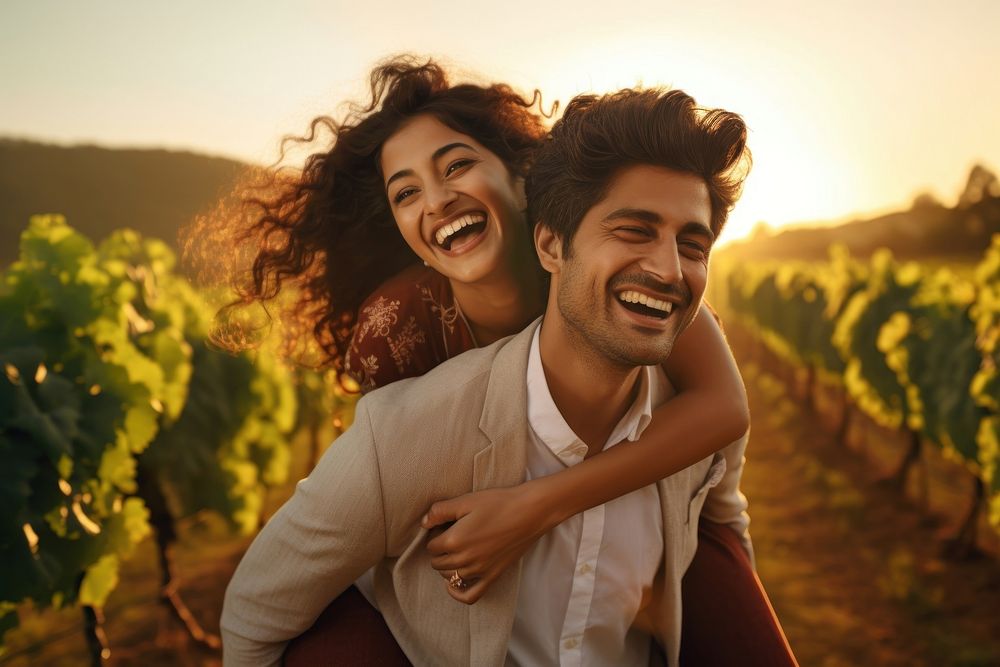 Indian young couple laughing outdoors vineyard.
