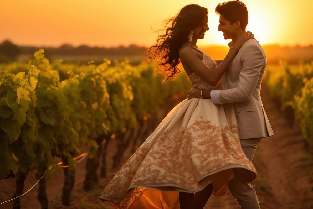 Indian young couple vineyard outdoors sunset.