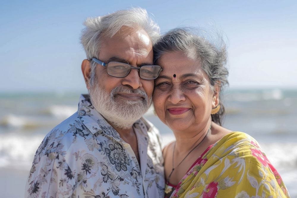 Indian senior couple Happy portrait outdoors glasses.