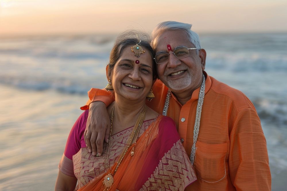 Indian senior couple Happy beach portrait outdoors.