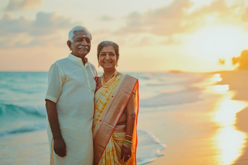 Indian senior couple Happy beach adult love.