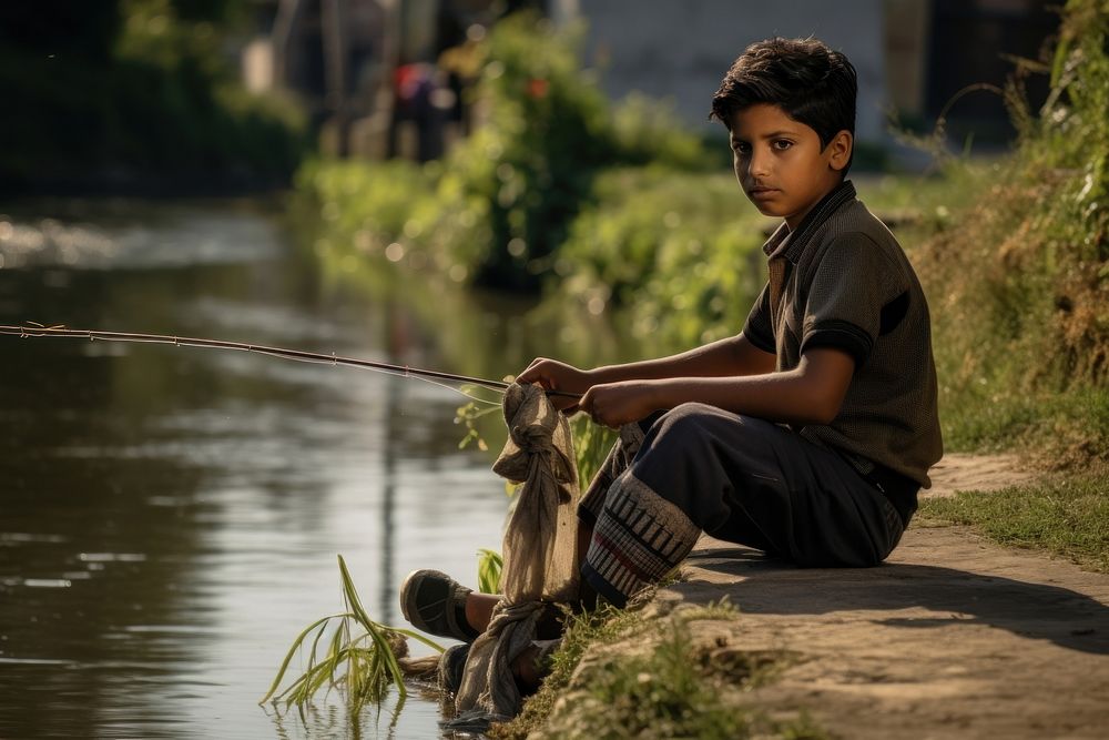 South asian young boy sitting fishing outdoors.