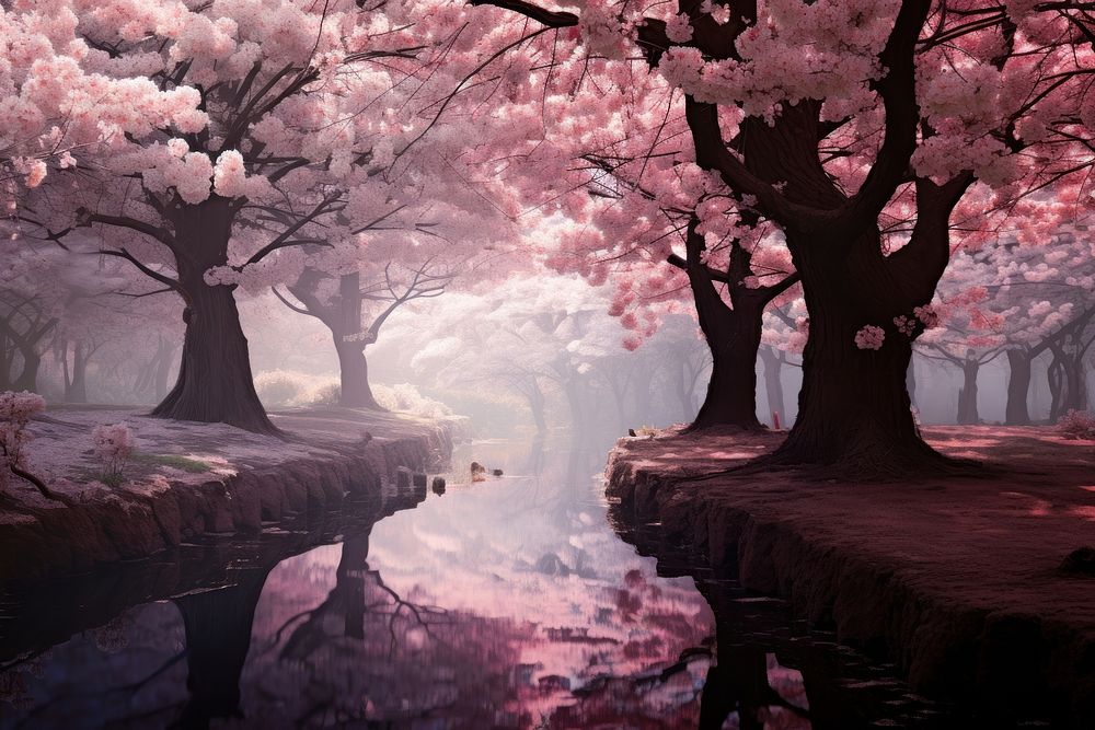 Cherry blossom trees landscape outdoors nature.