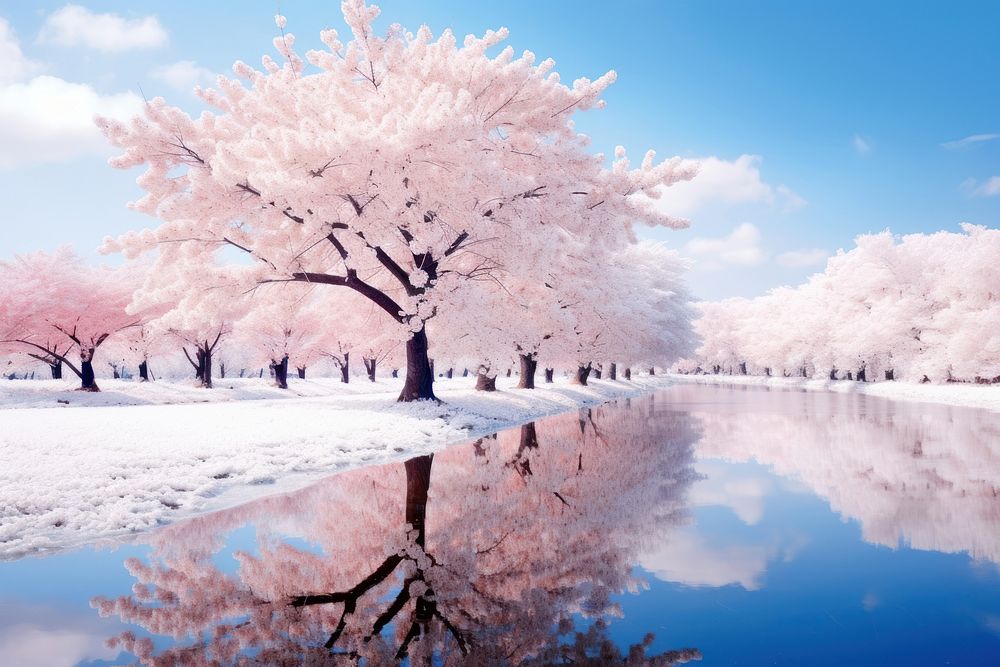 Cherry blossom trees in blue sky landscape outdoors nature.