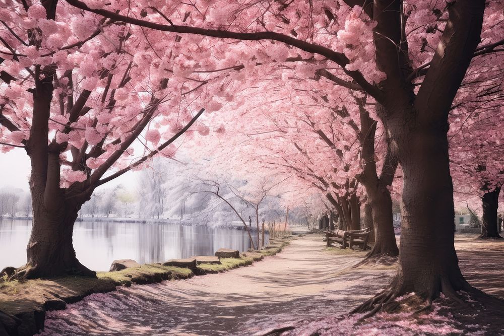 Cherry blossom trees in spring season landscape outdoors nature.