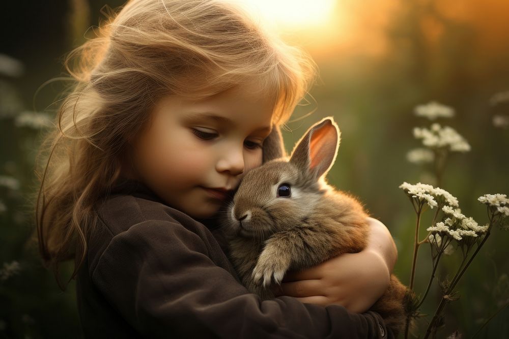 Kid hugging little rabbit photography portrait animal.