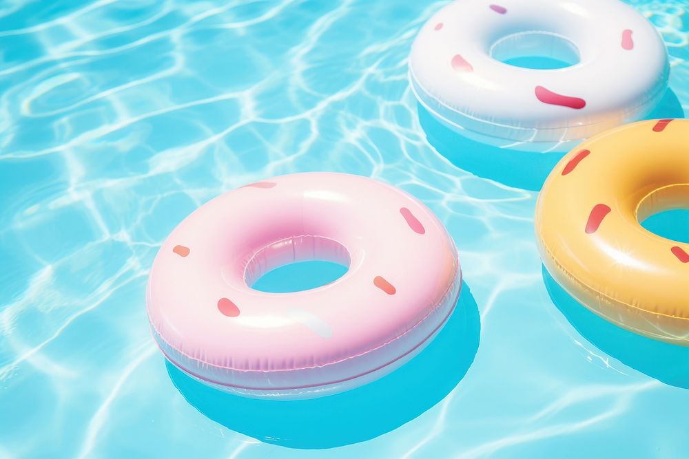 Rubber rings floating on swimming pool summer confectionery inflatable.