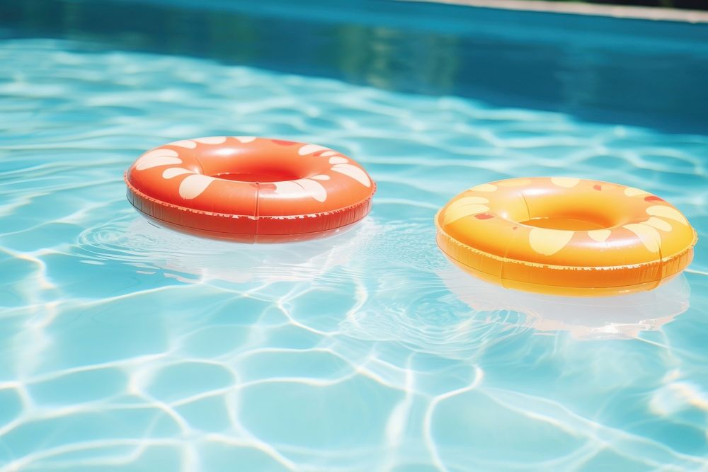 Rubber rings floating on swimming pool summer inflatable refraction.