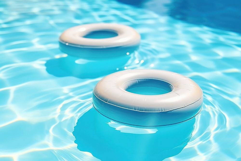 Rubber rings floating on swimming pool outdoors summer tranquility.