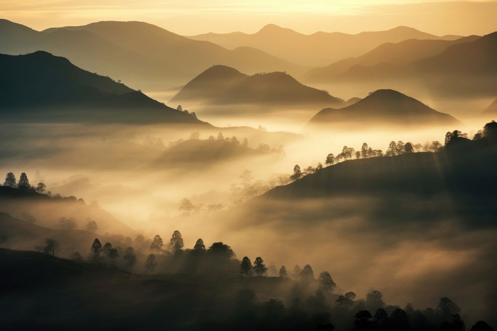 Sun rays over the misty hills landscape panoramic mountain.