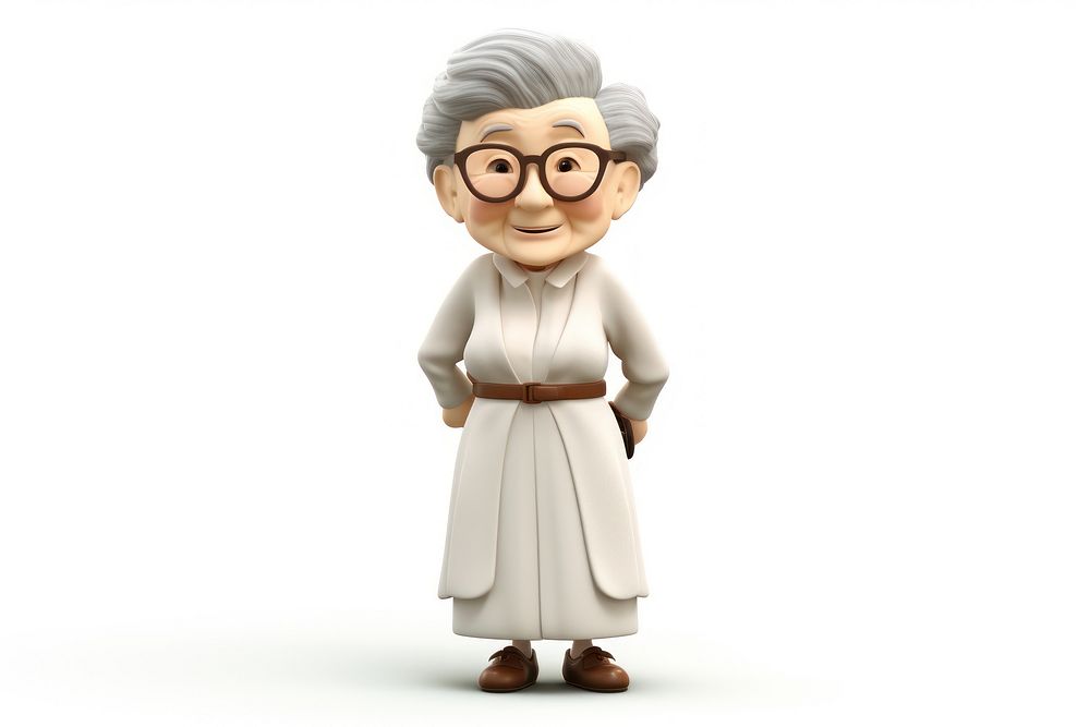 3d cartoon elderly japanese woman figurine adult white background.