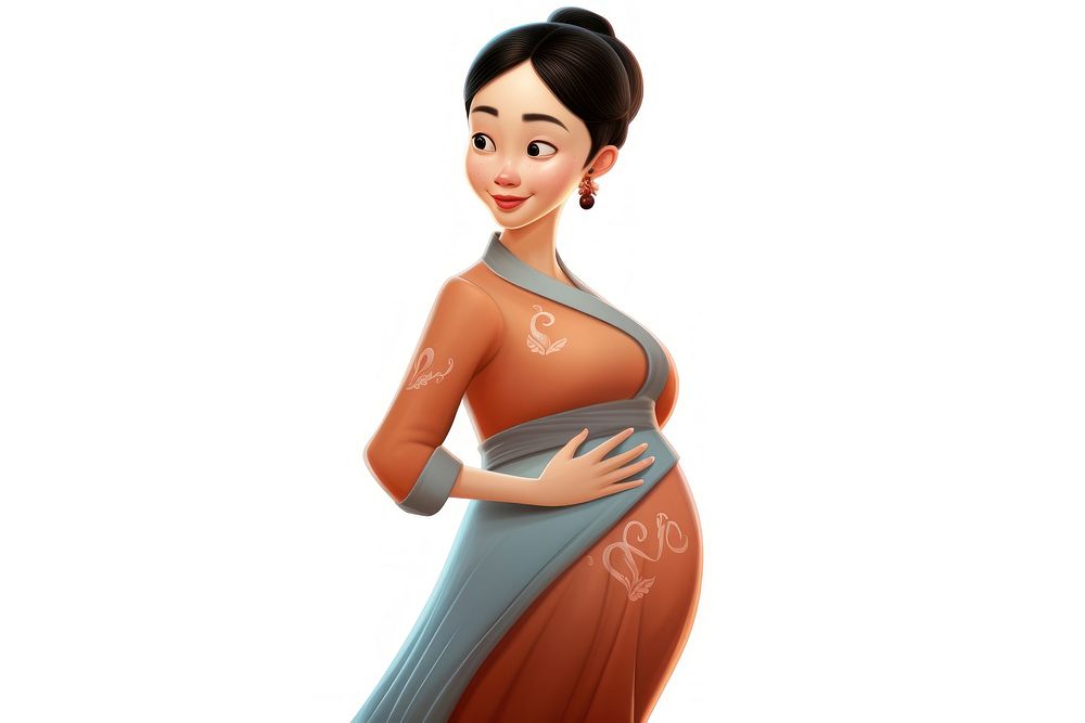 3d cartoon pregnant chinese woman realistic fashion adult dress.