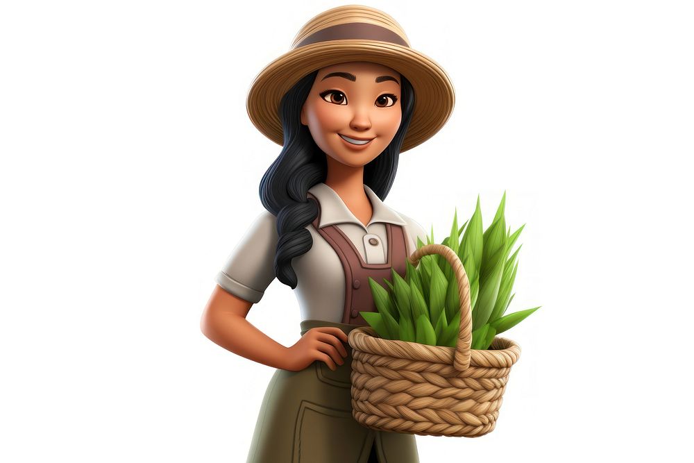 3d cartoon realistic asian woman farmer basket adult plant.