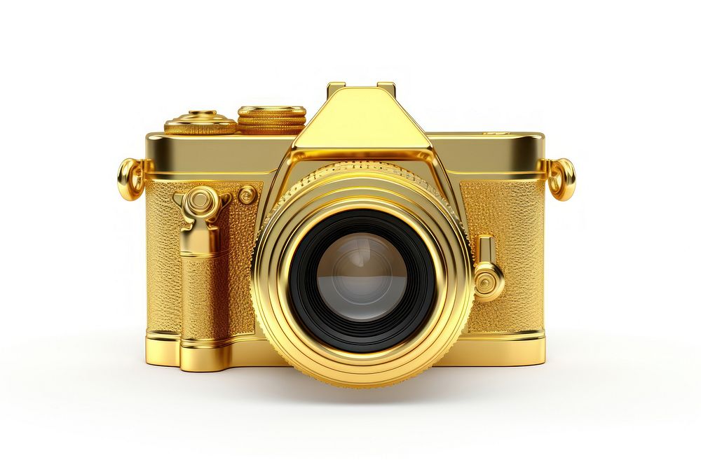 Camera gold white background photographing.