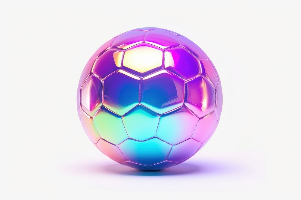 Soccer ball iridescent sphere purple white background.