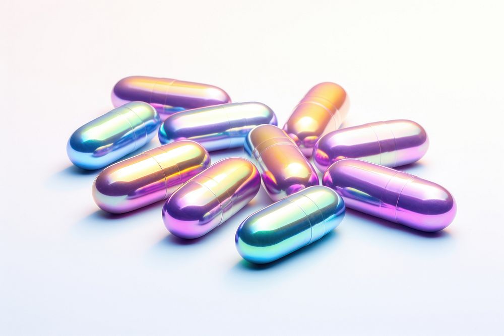 Pills iridescent capsule white background medication.