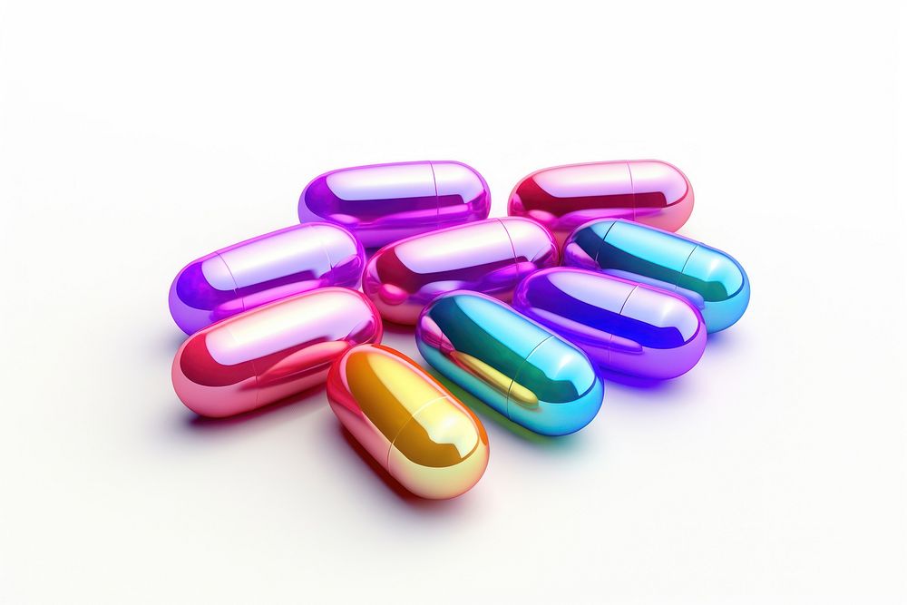 Pills iridescent capsule white background medication.