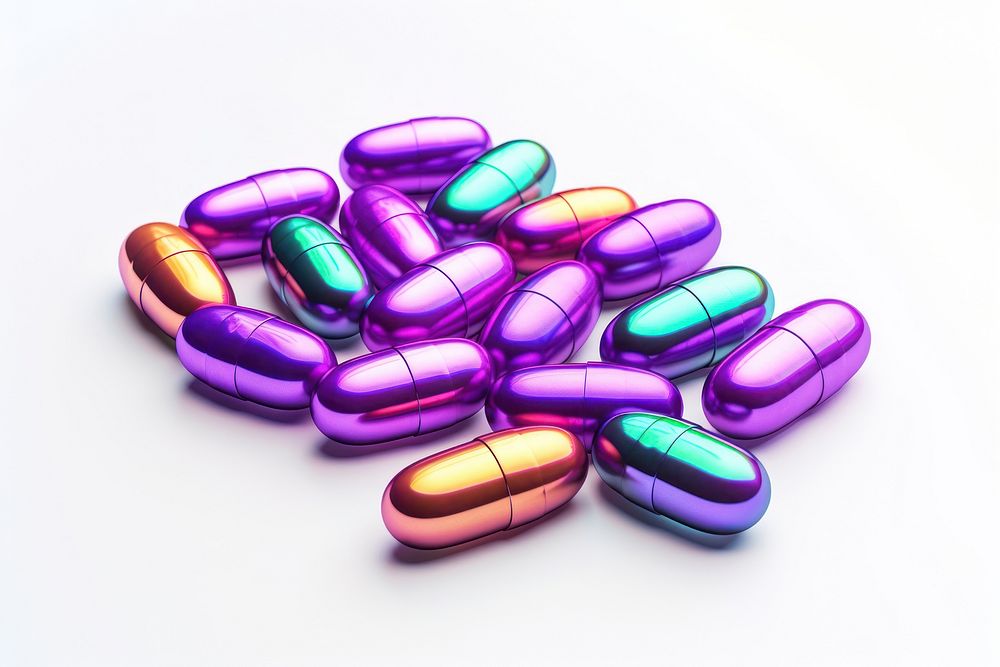 Pills iridescent capsule white background antioxidant.