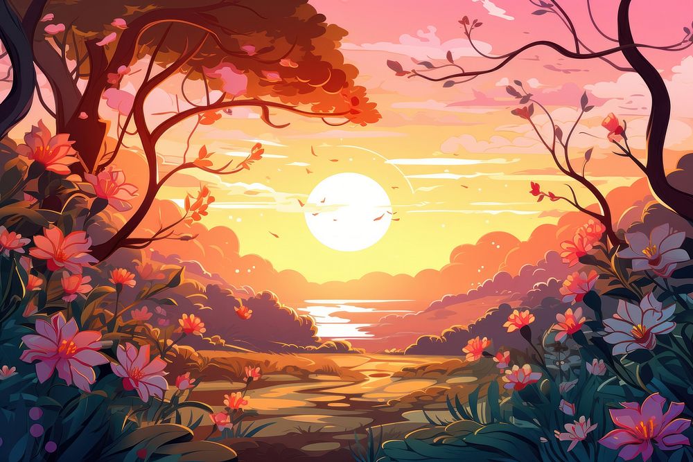  Beautiful Sunset nature outdoors painting. AI generated Image by rawpixel.