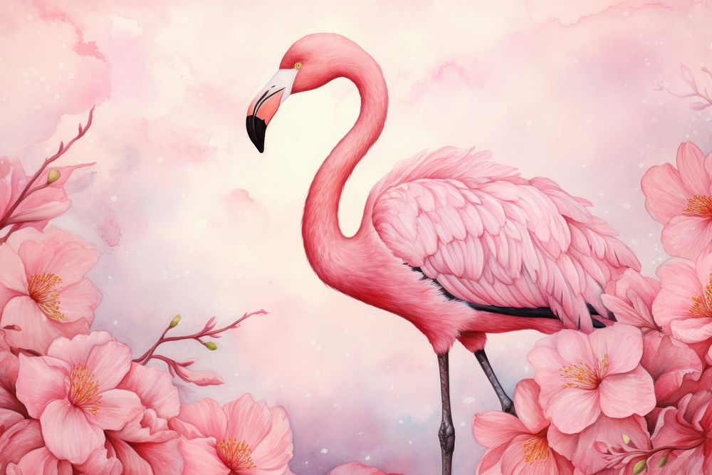 Watercolor pink background no details flamingo animal flower.