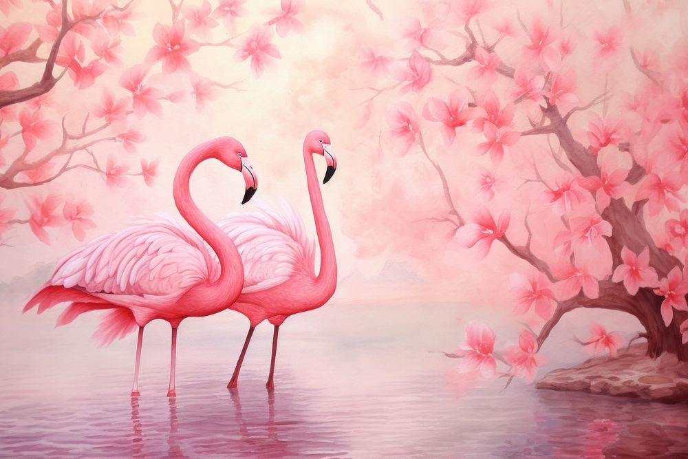 Watercolor pink background no details flamingo animal plant.