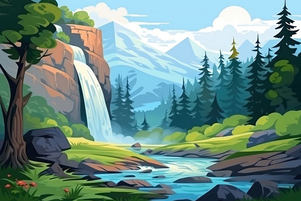  Waterfall forest nature landscape waterfall mountain. AI generated Image by rawpixel.