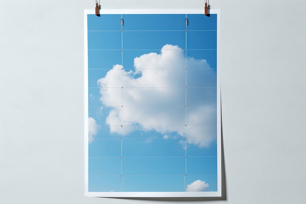 White a0 vertical poster on wire mesh sky cloud blue technology.