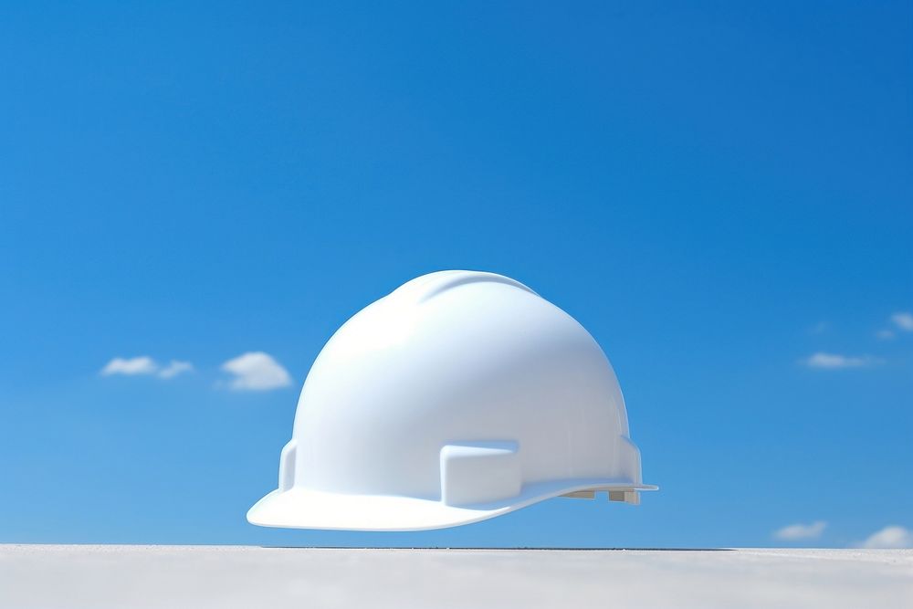 White construction helmet hardhat blue sky.