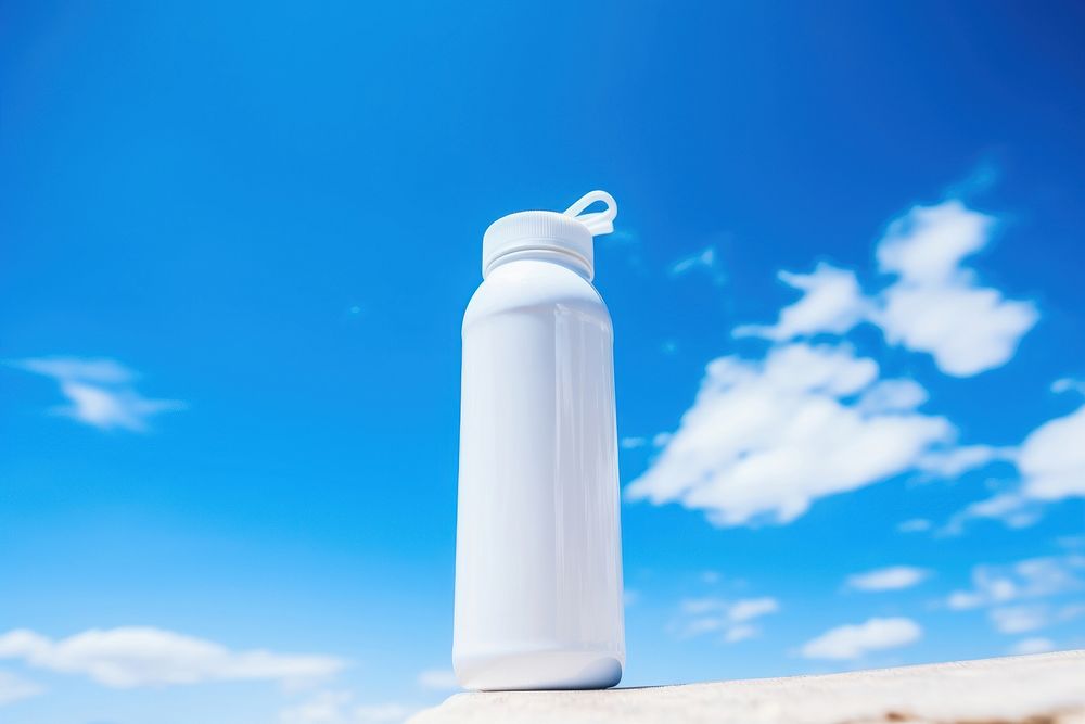 White fitness bottle blue sky container.