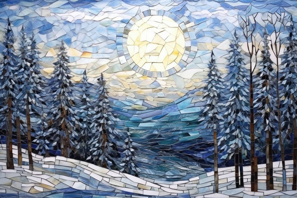 Winter landscape art painting mosaic.