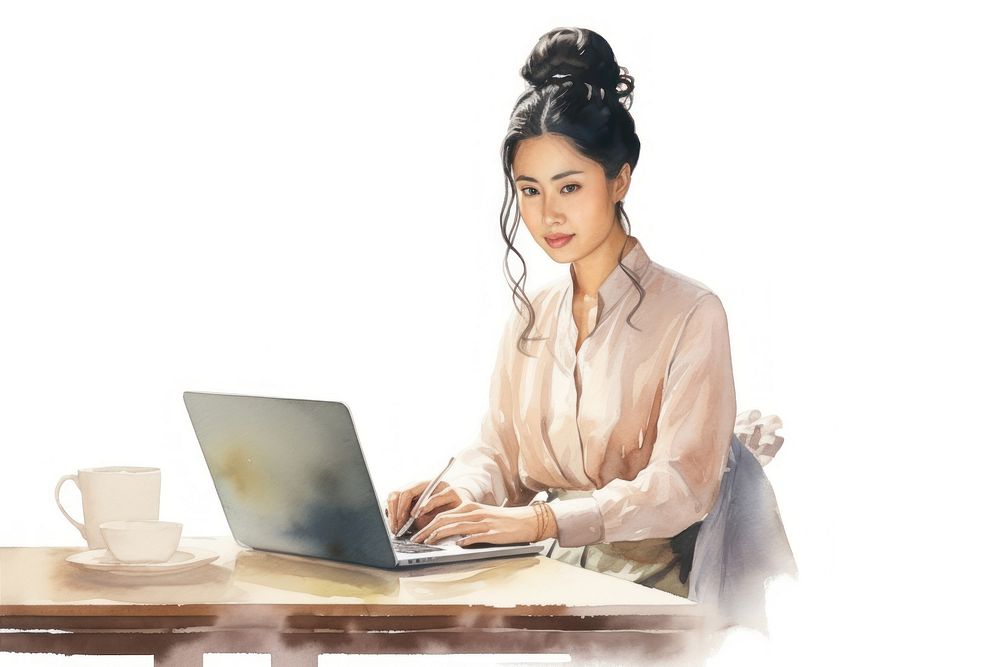 Working east asian business woman watercolor furniture computer sitting.