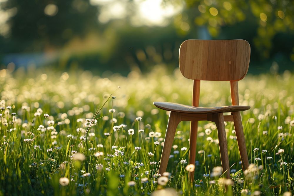 Front view wood chair packaging  nature field grassland.