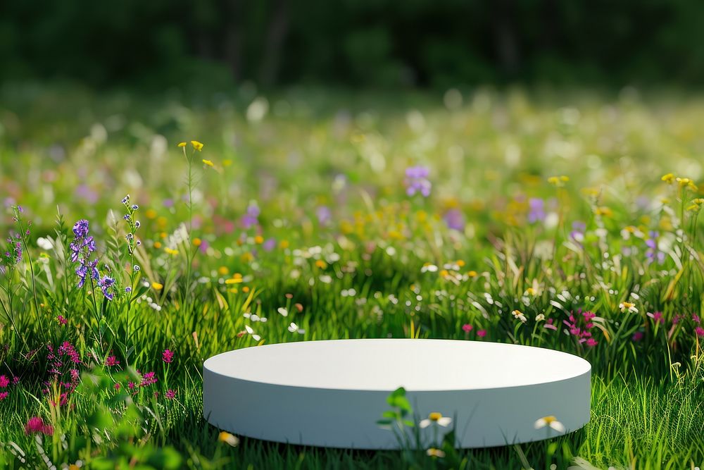 Podium in round-shaped displayed backdrop packaging mockup flower nature field.