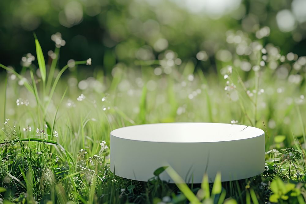 Podium in round-shaped displayed packaging mockup nature field grassland.