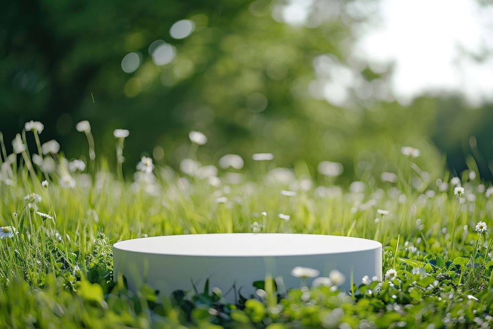 Podium in round-shaped displayed daisy falling packaging mockup nature green outdoors.