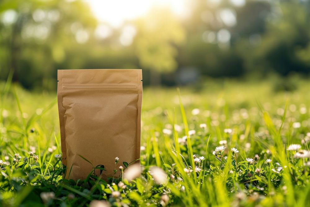 Pet food packaging  nature field outdoors.