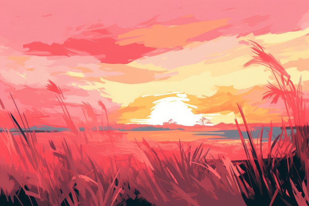  Pink sky grass landscape outdoors. AI generated Image by rawpixel.
