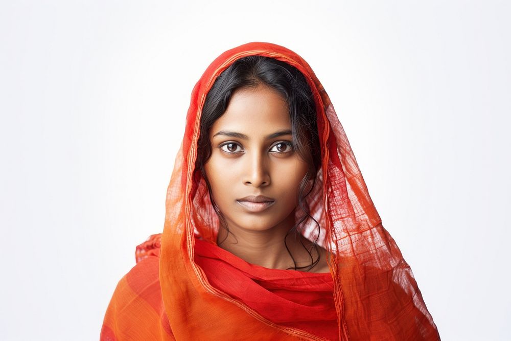 Bangladeshi woman portrait scarf white background.