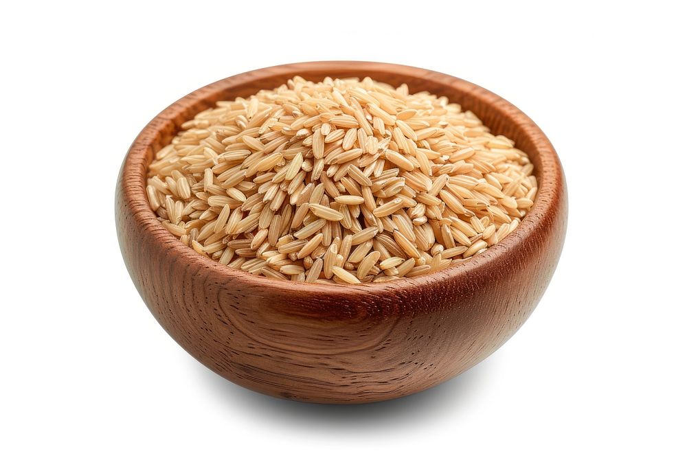 Brown rice groats in a wooden bowl food white background ingredient.