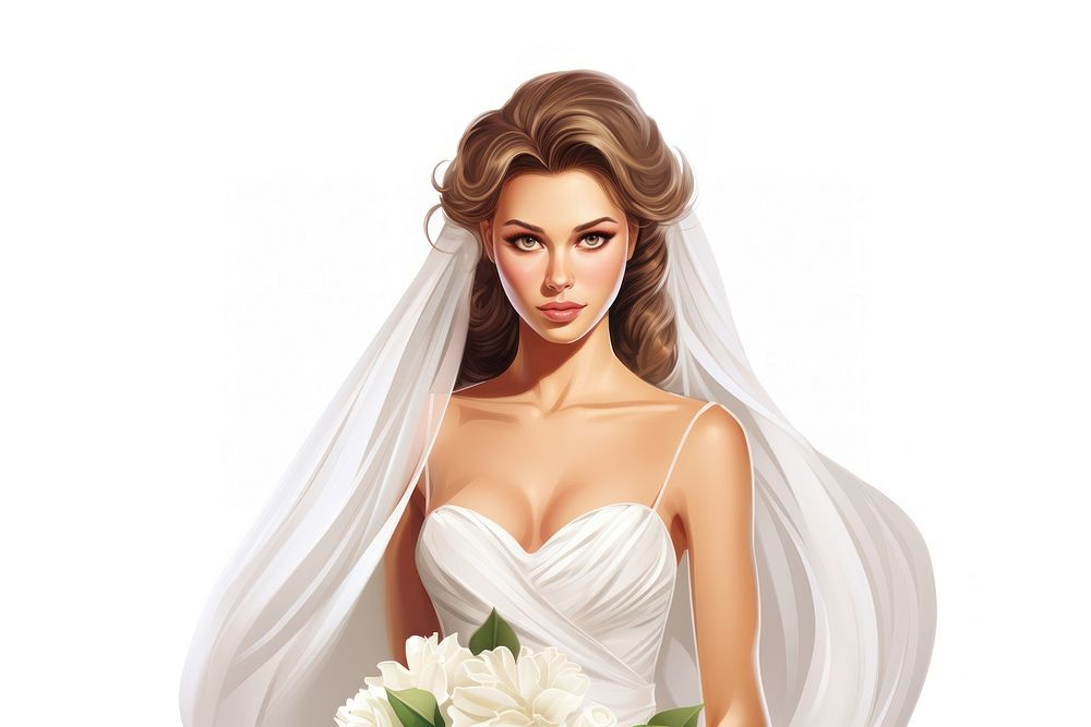 Cartoon illustration of bride portrait fashion wedding.