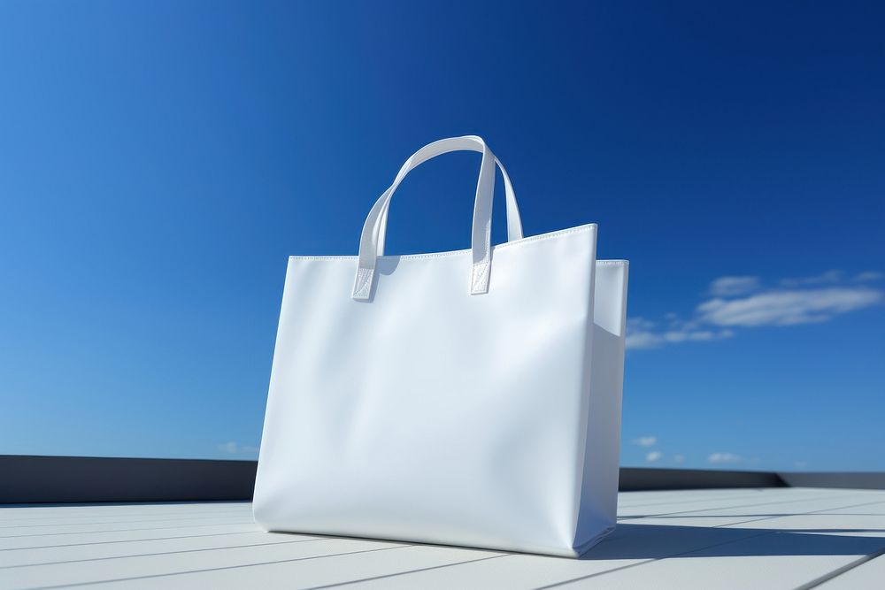 Close up white tote bag handbag blue sky.