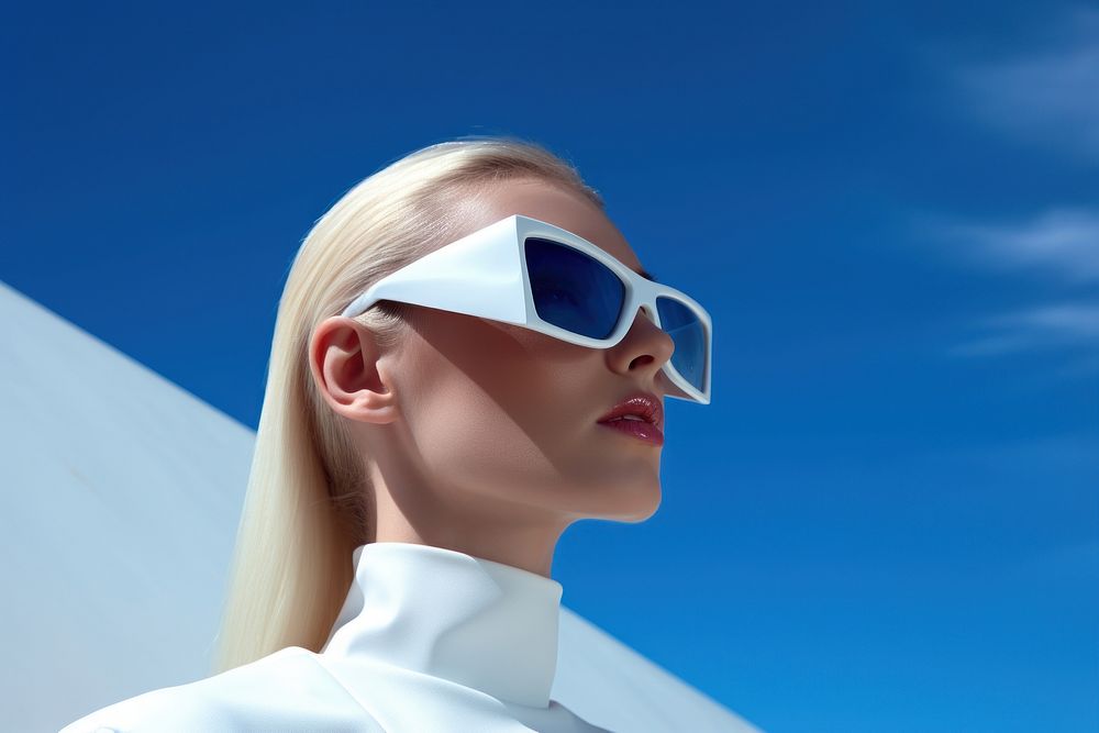 Close up white modern sunglasses adult blue sky.
