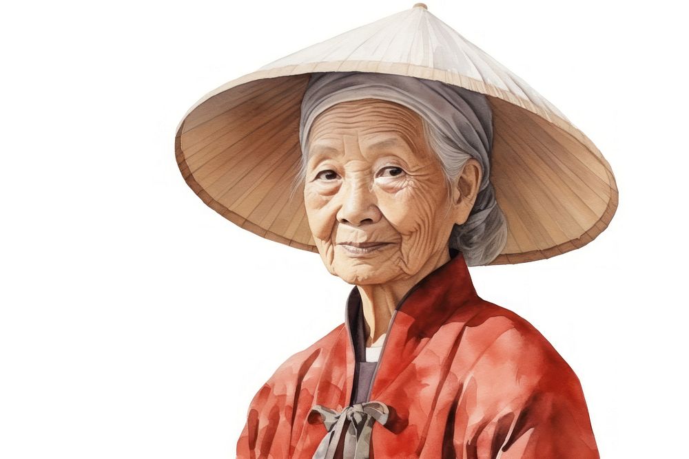 Elderly east asian woman watercolor portrait adult photography.