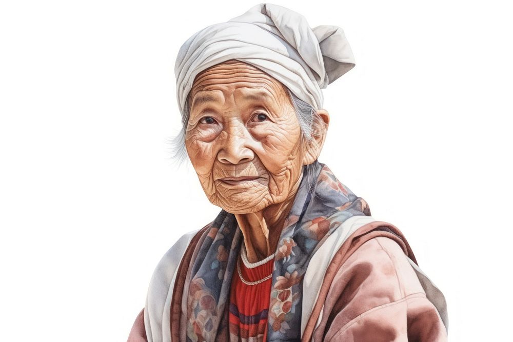 Elderly east asian woman watercolor adult white background retirement.