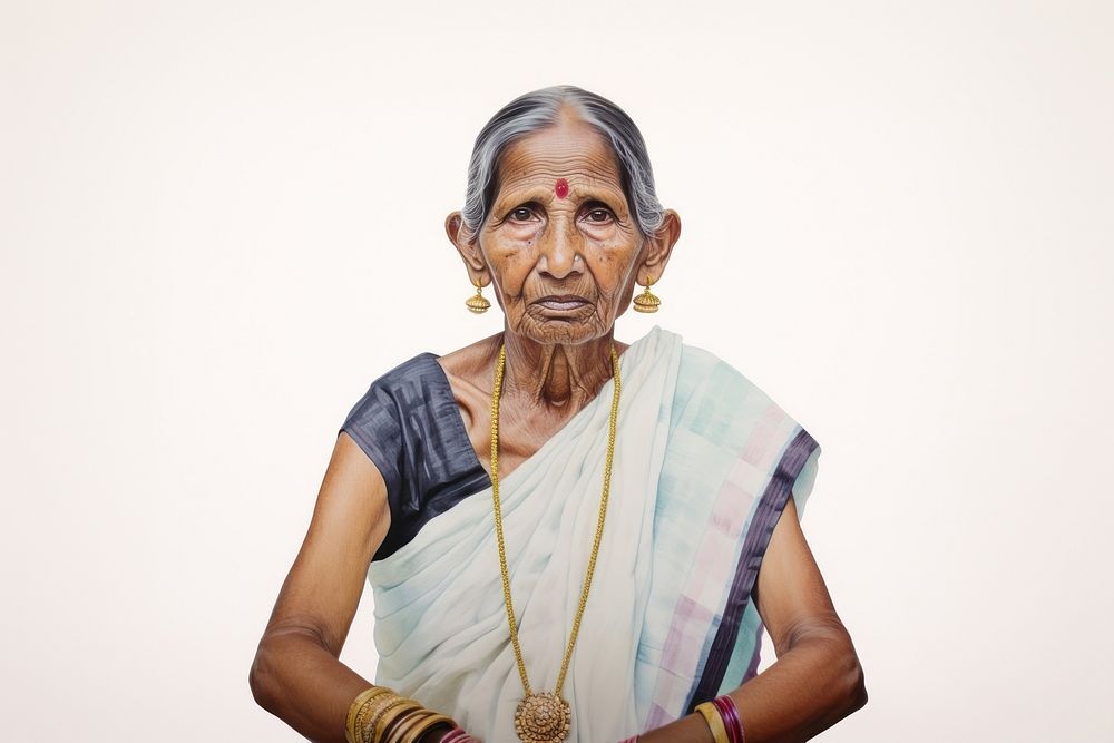 Elderly indian woman watercolor necklace jewelry accessories.